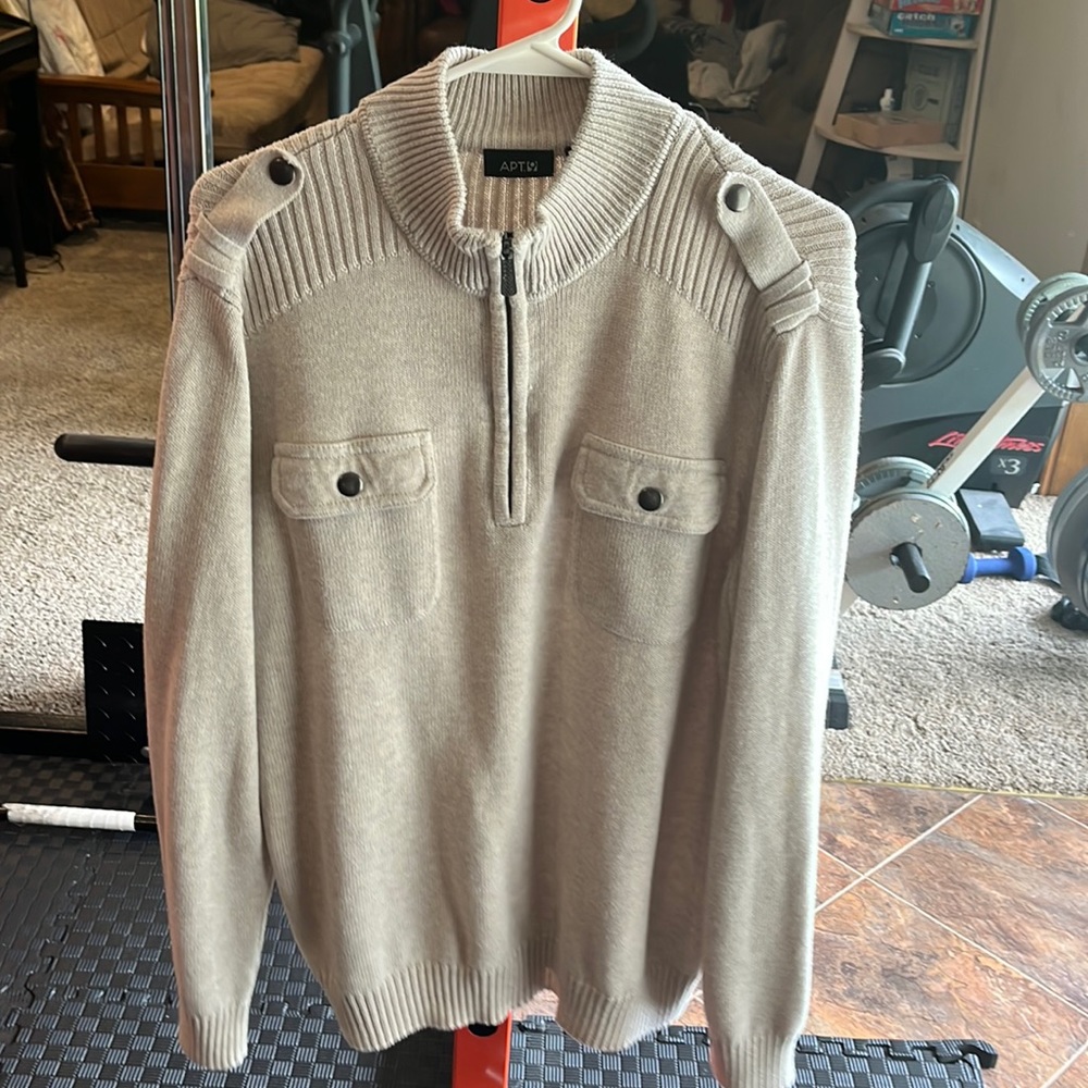 APT. 9 Mens XL Cream Zippered Sweater w Front Button Breast Pockets